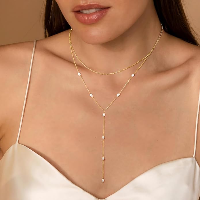 M MOOHAM Gold Lariat Necklace for Women - Dainty 14K Gold Plated Y-Shaped Long Drop Necklace Pearl Cross Clover Butterfly Cubic Zirconia Charm Layered Necklaces for Women Simple Jewelry Gifts