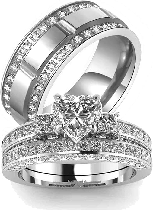 TWO RINGS Wedding Ring Sets His And Hers Promise Ring Couples Bridal Sets Women 925 Sterling Silver square Cz Man Stainless Steel Brushed Finished Wedding Bands