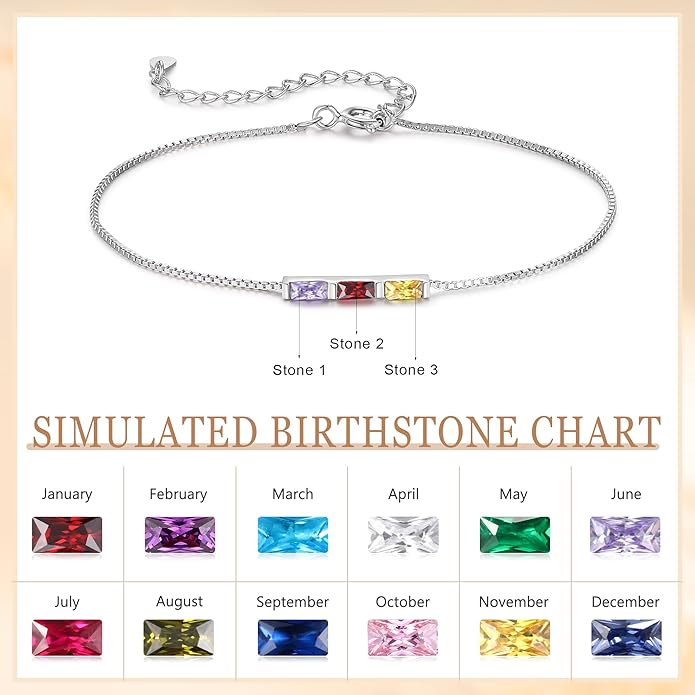 925 Sterling Silver Personalized Mom Birthstone Bracelets for Women — Custom Adjustable Dainty Jewelry for Mother’s Day, Birthday, Christmas Gifts for Mom Grandma Wife
