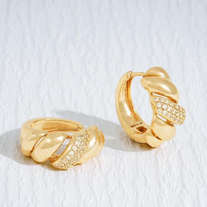 Gold Huggie Hoop Earrings 14K Gold Plated Dainty Chunky Thick Hoop Diamond Cubic Zriconia Inlay Sleeper Tiny Delicate Boho Beach Simple Hypoallergenic Jewelry Gift for Her