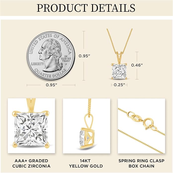 Everyday Elegance Solid 14K Gold Cubic Zirconia Solitaire Pendant Necklace for Women Heart, Princess, Round, Oval, Emerald, Pear & Cushion Cut 1 or 2 CTW | .60mm Thick 16" 18" Length Box Link Chain