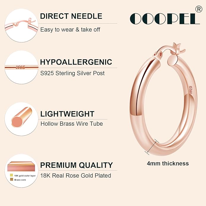 4mm Thick Gold Chunky Earrings Steling Silver Post Hoops Earrings For Women Hollow Tube Hoops Earrings Thick Gold Hoop Earrings Hypoallergenic Lightweight Gold Hoop Large Earrings 20/30/40/50/60MM