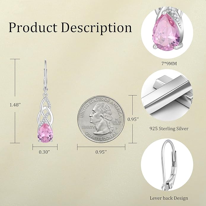JO WISDOM Women Celtic Knot Infinity Dangle Earrings for Women Sterling Silver 7 * 9mm Birthstone Irish Twisting Drop Earrings Jewelry for Women