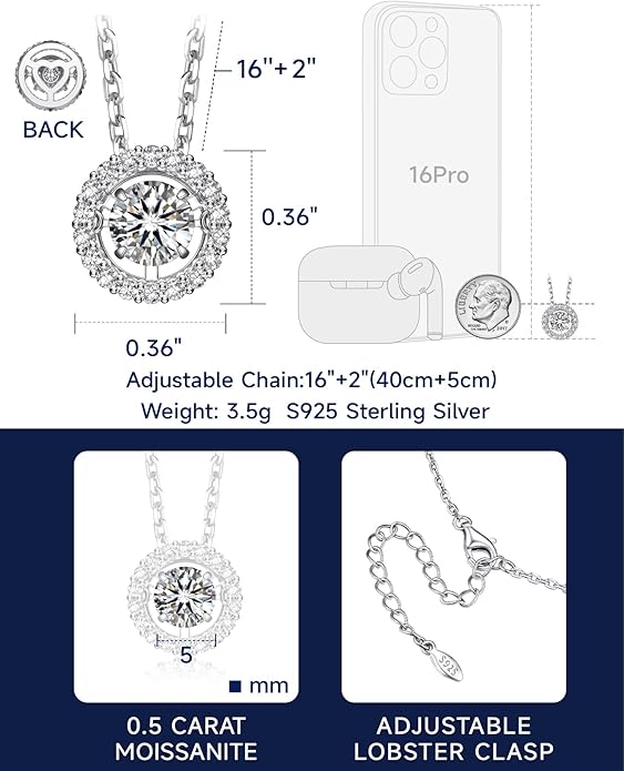 MomentWish Floating Necklace for Women, 0.5/1 Carat Dancing Moissanite Necklace for Her 925 Sterling Silver Pendant Anniversary Birthday Christmas Gift for Wife Mom Girlfriend