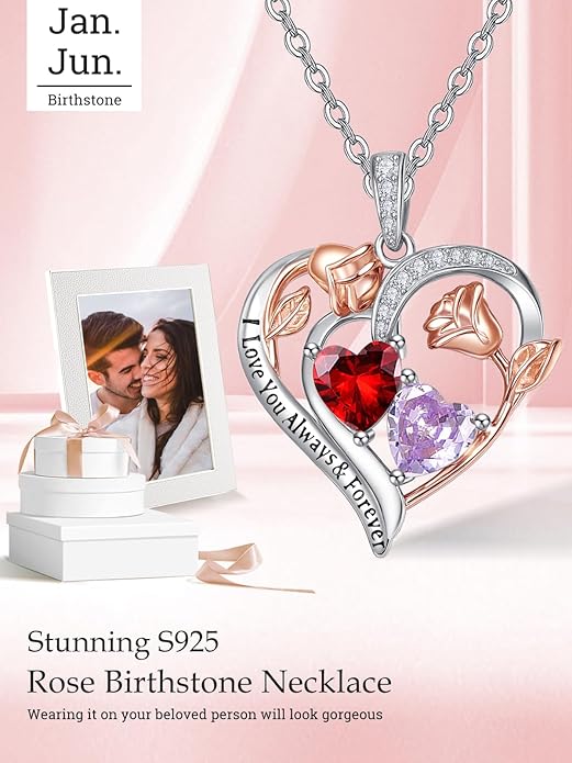 Zeuslia Double Birthstone Necklace Gifts for Wife - 925 Sterling Silver Sunflower/Rose/Crown Cross/Compass/Heart Pendant I Love You Necklace, Anniversary Birthday Gifts for Wife Girlfriend Mom Her