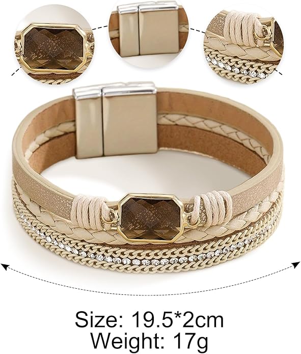 Fesciory Leopard Bracelet for Women, Boho Leather Wrap Multi-Layer Pearl Crystal Bracelet Bangle Jewelry