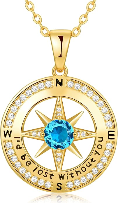 Zifeel Compass Necklace Gifts for Women wife - S925 Sterling Silver Birthstone Necklaces for Women - Anniversary Birthday Gifts for Her Wife Girlfriend - Valentines Mom Mothers Day Christmas Gifts Jewelry for Women