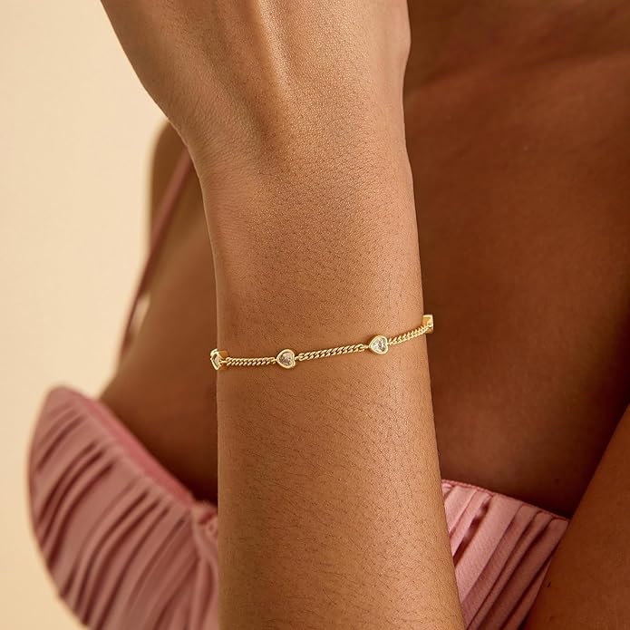 Gold Bracelets for Women,14K Dainty Gold Plated Bracelets Non Tarnish Waterproof Diamond Bracelets Heart Flower Round Square CZ Charm Bracelet Trendy Stuff Jewelry Gifts for Her