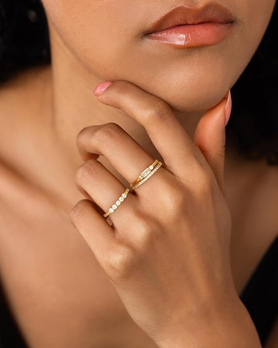 FUNEIA Stackable Silver Gold Rings for Women Non Tarnish 14K Gold Plated Thumb Cubic Zirconia Rings for Women Dainty Pinky Promise Wedding Ring Set Women's Engagement Eternity Band Rings Gold Jewelry