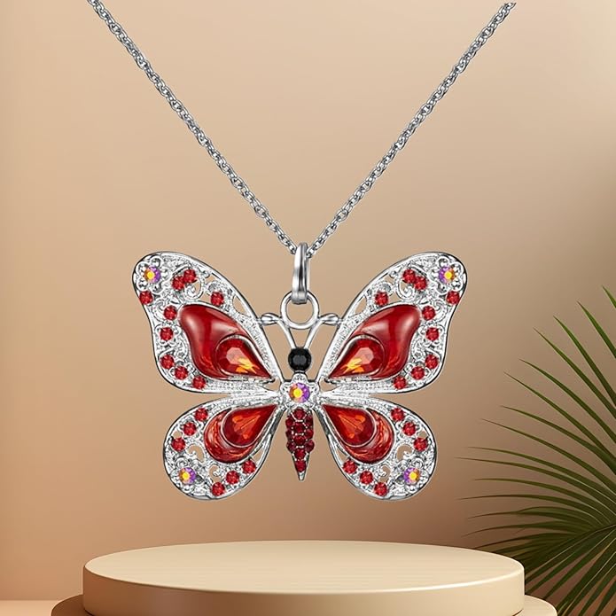 Vintage Multicolor Butterfly Necklace Bohemian Multicolor Enamel Butterfly Necklace Rhinestone Butterfly Pendant Necklace Chain Enamel Ethnic Costume Jewelry for Women