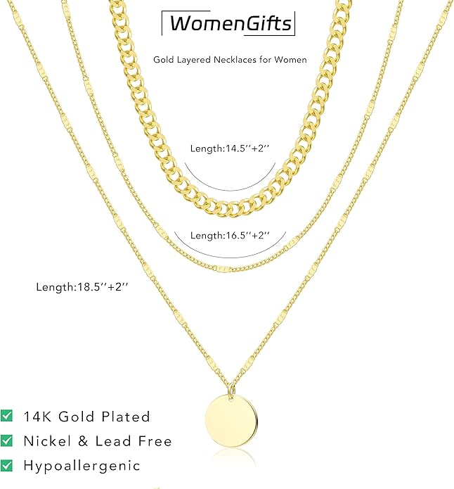 WomenGifts Layered Gold Necklaces for Women, 14K Gold Sterling Silver Plated Dainty Pendant Necklace Set with Cubic Zirconia Circle, Chunky Stackable Cuban Chain Choker, Trendy Personalized Birthstone Jewelry Gift Non Tarnish