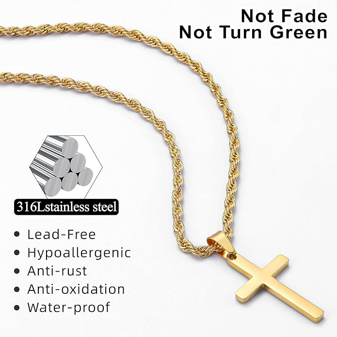 Romass 4Pcs Cross Necklace for Men,Stainless Steel Chains for Men Layered Necklaces Silver Gold Black Pendant Jewelry Box Gifts 18-24 Inches