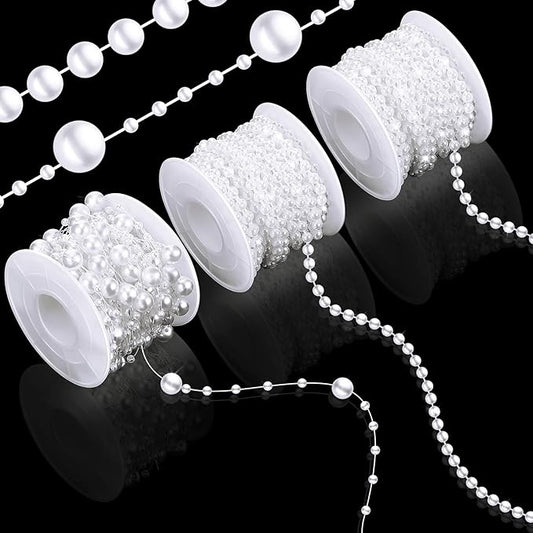 Bonuci 3 Rolls 66 Feet Pearls String Garland Faux Pearl Garland Spool Roll Strand Decoration Artificial Beads Chain Trim for Crafting String of Flowers Valentine Wedding Party(White,4mm)