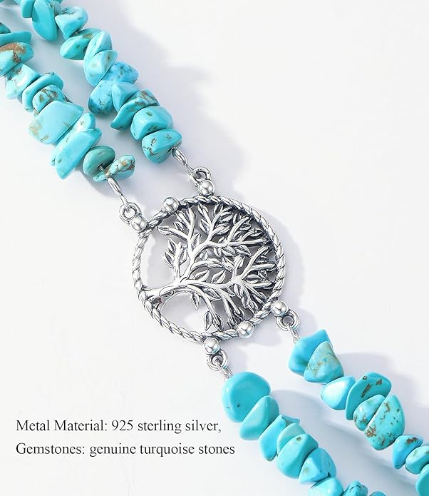 Boho Genuine Turquoise Bracelet for Women Western 925 Sterling Silver Gemstone Tree of Life Dream Catcher Sunflower Bracelets Jewelry for Her