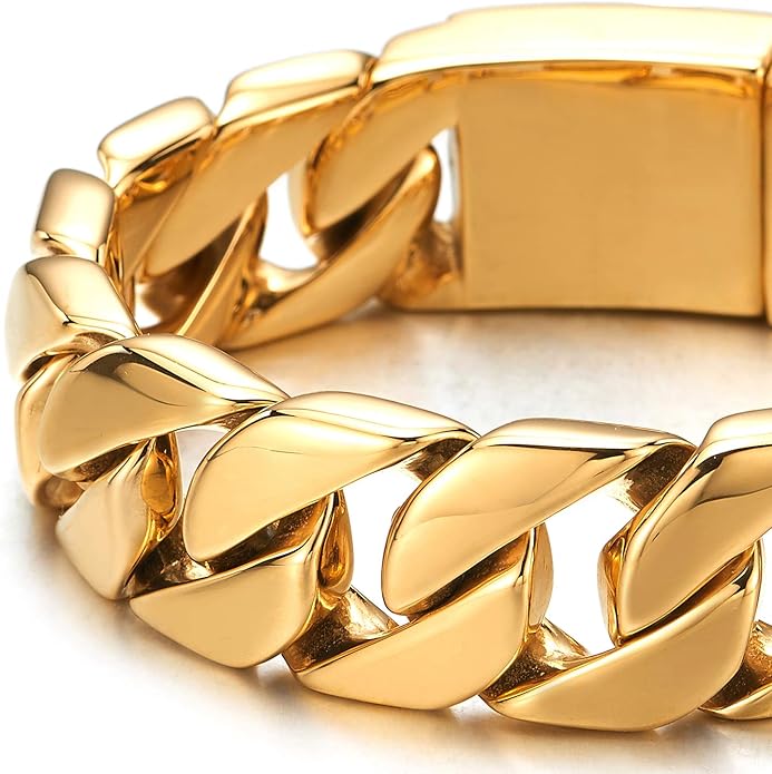 COOLSTEELANDBEYOND Mens Stainless Steel Large Curb Chain Link Bracelet Solid Curb Chain Wristband Biker Punk Jewelry Masculine Accessory