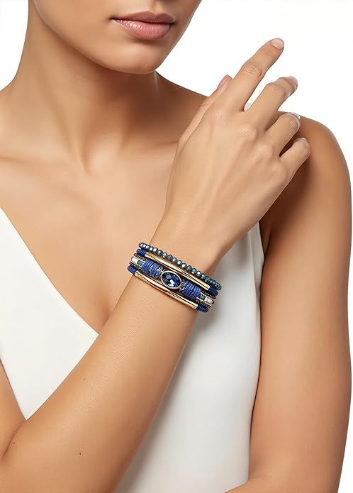 Edoneery Leather Wrap Bracelet for Women, Boho Handmade Multi-Layer Cuff with Crystal Beads Heart, Stackable Bangle Western Jewelry Gift