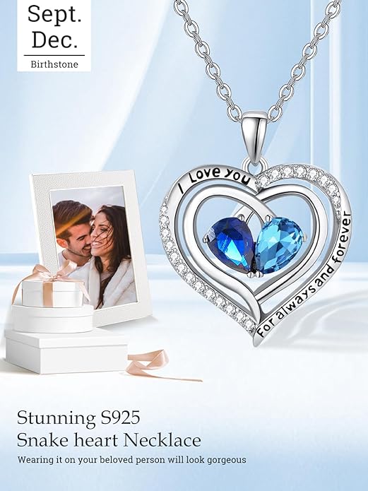 Zeuslia Double Birthstone Necklace Gifts for Wife - 925 Sterling Silver Sunflower/Rose/Crown Cross/Compass/Heart Pendant I Love You Necklace, Anniversary Birthday Gifts for Wife Girlfriend Mom Her
