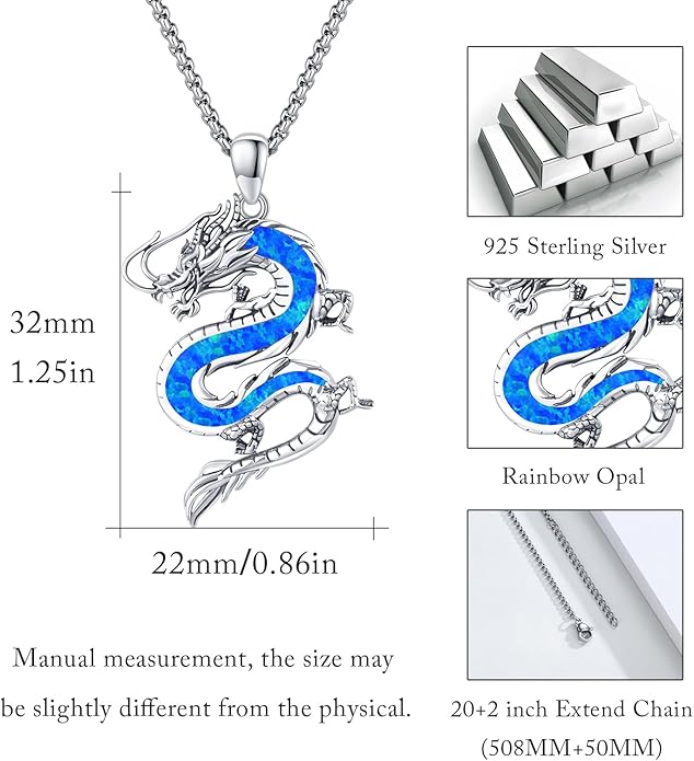 REDSUN 925 Sterling Silver Dragon Pendant Necklace Viking Dragon with Obsidian/Opal Protection Jewelry Gifts for Men Women Her Him Birthday Valentines Day Gifts