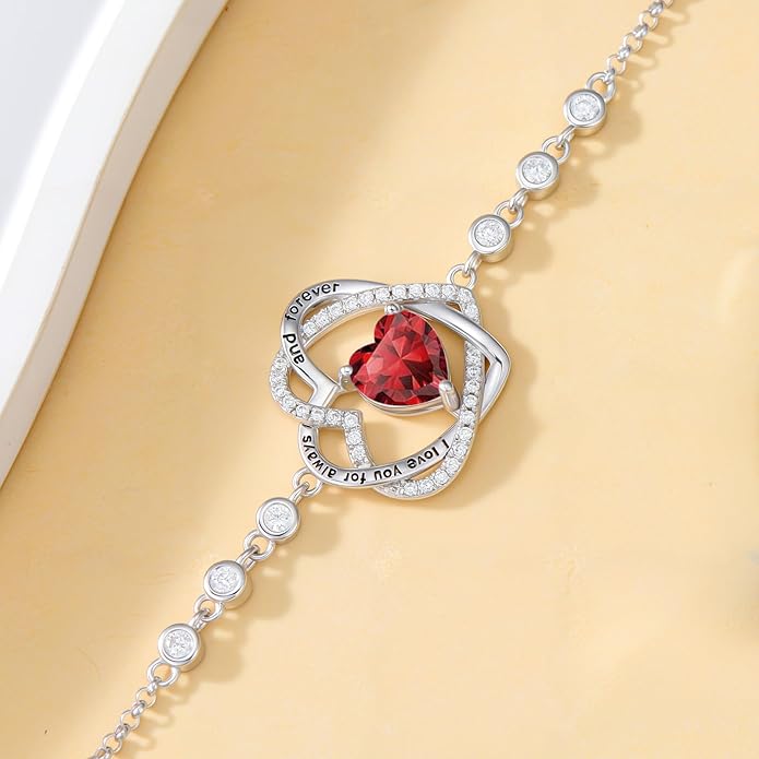 TOUPOP Heart Birthstone Bracelet 925 Sterling Silver Double Heart Bracelet Love You for Always and Forever Jewelry Anniversary Birthday Christmas Gifts for Women Wife Her