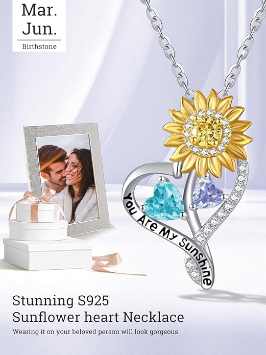 Zeuslia Double Birthstone Necklace Gifts for Wife - 925 Sterling Silver Sunflower/Rose/Crown Cross/Compass/Heart Pendant I Love You Necklace, Anniversary Birthday Gifts for Wife Girlfriend Mom Her
