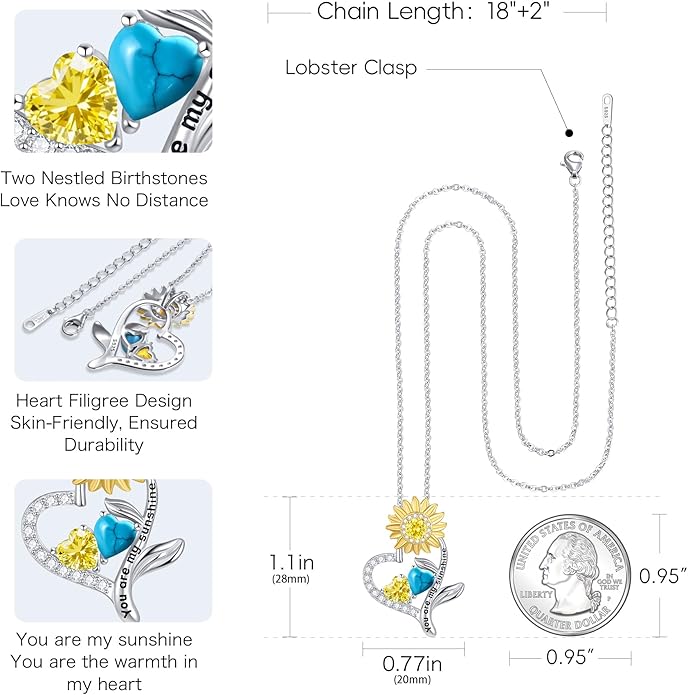 PERJI Valentine's Day Gifts for Women - 925 Sterling Silver Double Birthstone Sunflower Necklace, Anniversary Birthday Jewelry You are My Sunshine Gifts for Wife Couple Girlfriend 18"+2" Non Tarnish