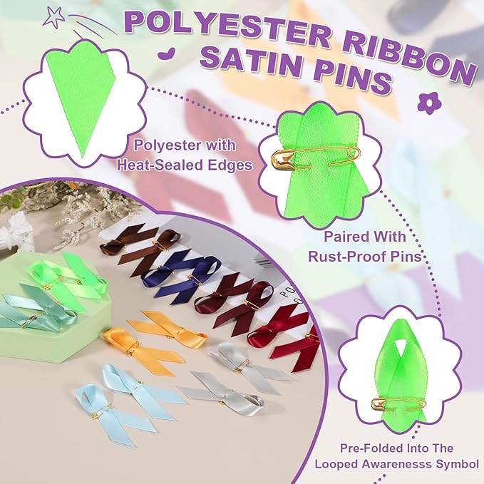 PATIKIL 50 Pcs Polyester Ribbon Satin Pins, Satin Ribbon with Safety Pins for Charity Public Social Event Party Clothing Decoration Anniversary, Acid Green