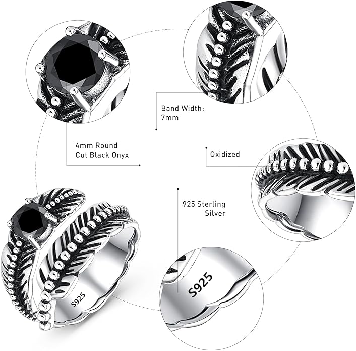 Sterling Silver Feather Ring with Black Onyx & Turquoise - Adjustable Stacking Vintage Statement Ring for Women & Men