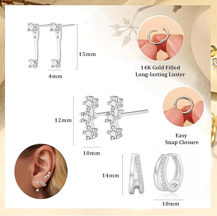 DORANA Valentines Day Gift 3 Pairs 925 Sterling Silver Earrings for Women Girls Non Tarnish Small Hypoallergenic Huggie Hoops Cartilage Stack Earring Sets for Multiple Piercing