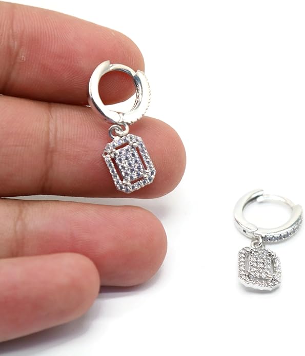 Rectangle CZ Dangle Wide Hoop Earrings for Women – 10mm Charm, 25mm Total Length, Elegant Gift Earrings.KT001