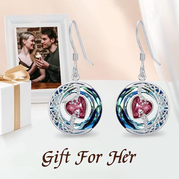 TOUPOP Birthstone Earrings for Women 925 Sterling Silver Moon and Star Dangle Earrings with Blue Crystal BirthdayJewelry Christmas Gifts for Women