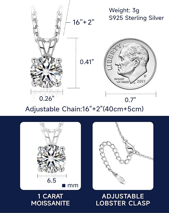 MomentWish Moissanite Solitaire Pendant Necklaces for Women Sterling Silver 0.3/0.5/1/2-Carat D Color VVS1 Clarity Mossanite Jewelry for Women