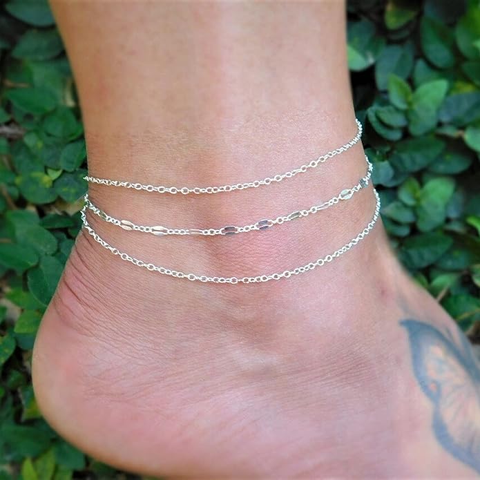 Pencros Dainty Layered Anklet,14K Gold Filled Cute Beads Satellite Chain Heart Boho Adjustable Anklets for Women