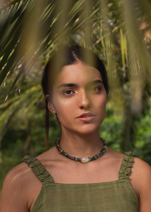 Chunky Statement Stone Beaded Necklace, Big Baroque Pearl Gold Choker, Trendy Boho Colorful Stone Jewelry