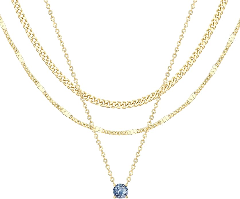 WomenGifts Layered Gold Necklaces for Women, 14K Gold Sterling Silver Plated Dainty Pendant Necklace Set with Cubic Zirconia Circle, Chunky Stackable Cuban Chain Choker, Trendy Personalized Birthstone Jewelry Gift Non Tarnish