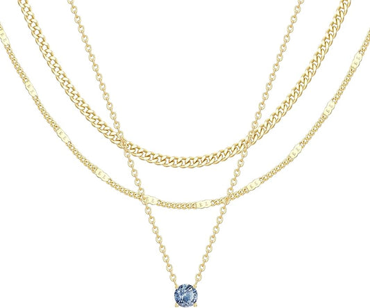 WomenGifts Layered Gold Necklaces for Women, 14K Gold Sterling Silver Plated Dainty Pendant Necklace Set with Cubic Zirconia Circle, Chunky Stackable Cuban Chain Choker, Trendy Personalized Birthstone Jewelry Gift Non Tarnish