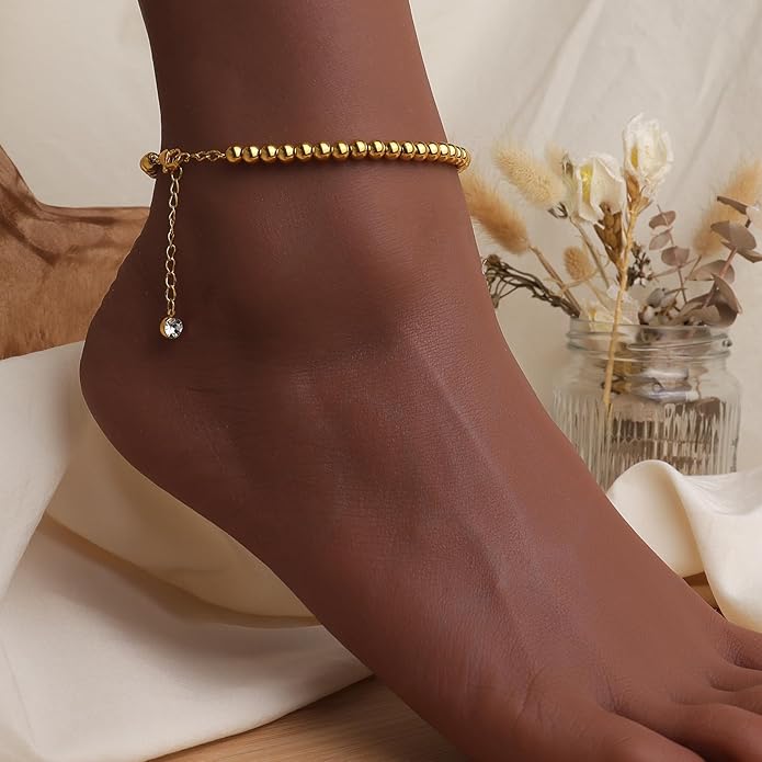 Jean Beau Gold Waterproof Ankle Bracelets for Women, Dainty Simple Non tarnish Foot Anklets Adjustable Summer Beach Jewelry Gifts