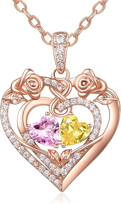 JIYVY32 Rose Heart Necklace for Women Exquisite 925 Sterling Silver Anniversary Birthday Gifts for Wife Mom Her Double Birthstone Pendant Jewelry