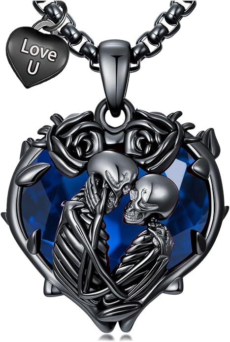 Flpruy 925 Sterling Silver Black Gothic Jewelry Gifts Skeleton Couple Pendant Crystal Birthstone Heart Necklace Punk Romantic Jewelry for Lover Men Women