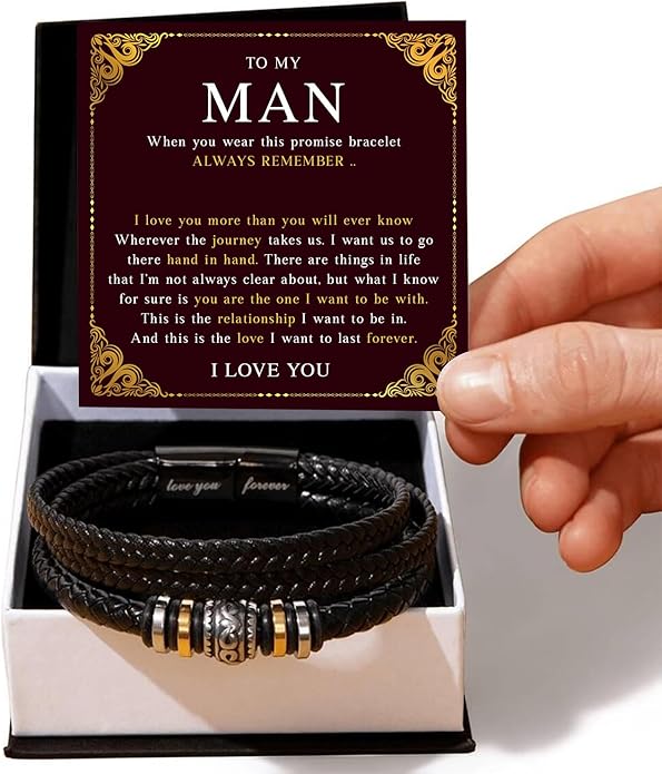 Mapileng To My Man – Braided Leather & Stainless Steel Bracelet with Heartfelt ‘Love You Forever’ - Elegant Gift Box Included, Gift from Girlfriend or Wife for Husband, Boyfriend, or Brother