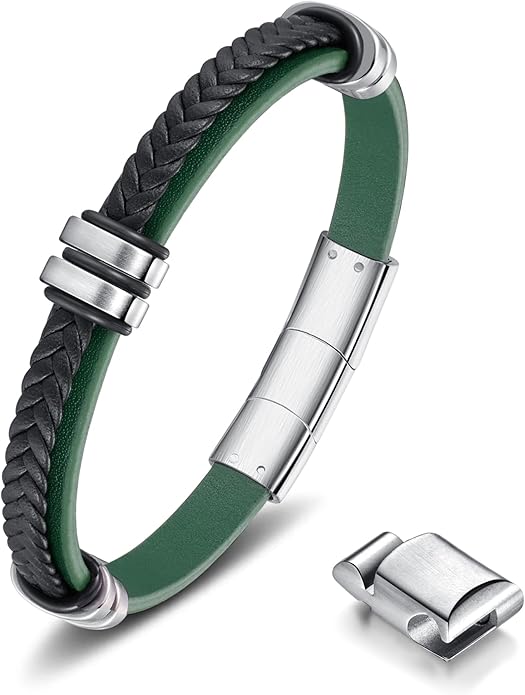 Leather Bracelet for Men with Adjustable Stainless Steel Magnetic Clasp Multi-Layer Braided Mens Leather Bracelet
