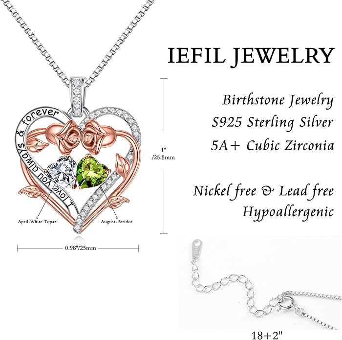 Iefil Rose Heart Double Birthstone Necklace Gifts for Wife Her Mom Women, Birthstone Jewelry Gemstone Birthday Gifts for Girlfriend Grandma Her Wife Women