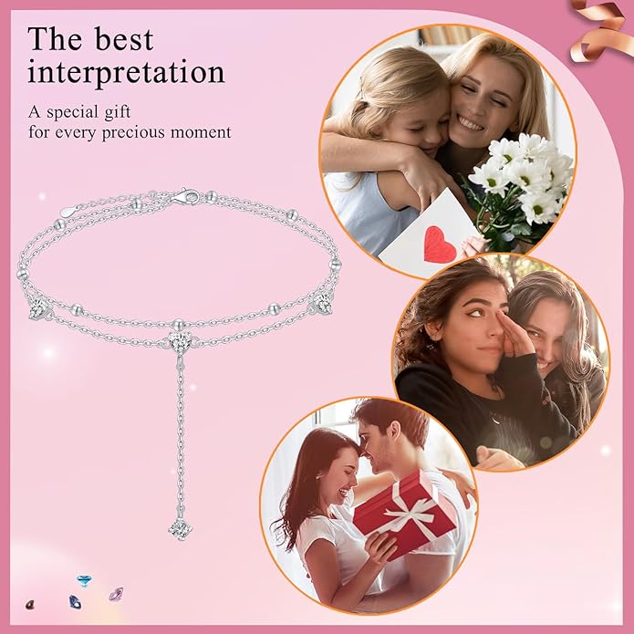 925 Sterling Silver Ankle Bracelet for Women Heart Multilayer Anklets Dainty Beaded Chain Adjustable 9+1 Inches for Summer Cute Beach Foot Jewelry