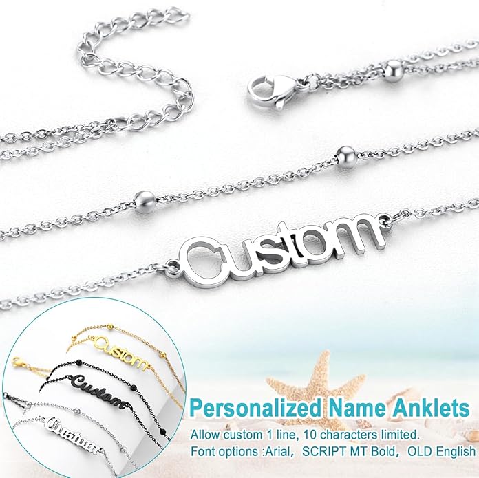 U7 Custom Layered Ankle Bracelets for Women Stainless Steel Bead/Cuban/Figaro/Rope/Wheat Chain Anklet Waterproof Anklet Jewelry for Beach Vacation