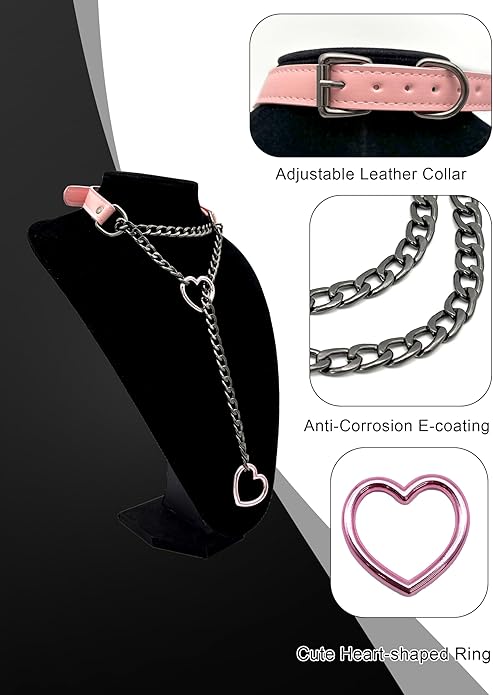 Black Leather Choker Collar For Women, Handmade Heart Slip Chain Choker Long Necklace with Adjustable Buckle