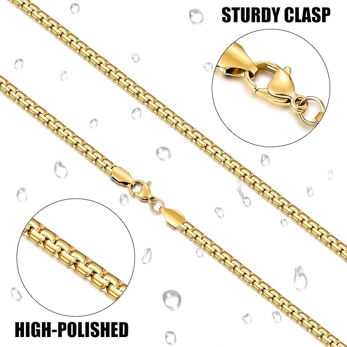 Fiusem Flat Box Chains for Men, 14k Gold Plated Stainless Steel Chain Necklace, 2.5/3/4/4.5/5mm Necklaces for Men and Women 16-28 Inch