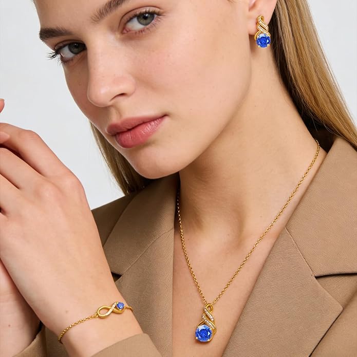 HNPHQT Jewelry Sets for Women-18K Gold Plated Dainty Birthstone Pendant,Trendy Necklace Earrings Infinity Bracelets Set,Ideal Jewelry Gifts for Her Mom