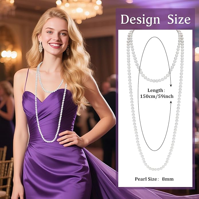 59" Long Pearl Necklaces for Women, Vintage Elegant Long Pearls Necklace for Wedding Party 1920s Gatsby Costume Jewelry