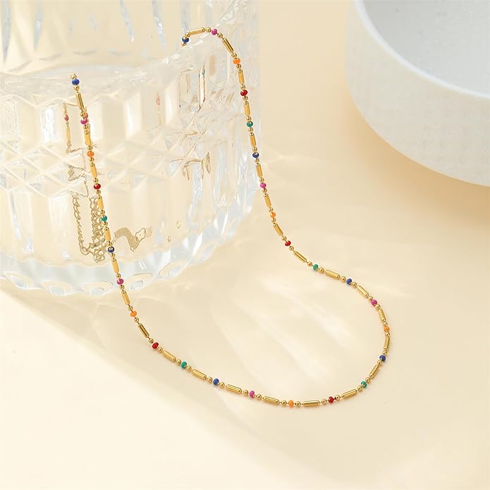 Gold Chain Necklace for Women Dainty 18K Gold Plated Thin Satellite Beaded Turquoise Necklace Simple Gold Boho Jewelry