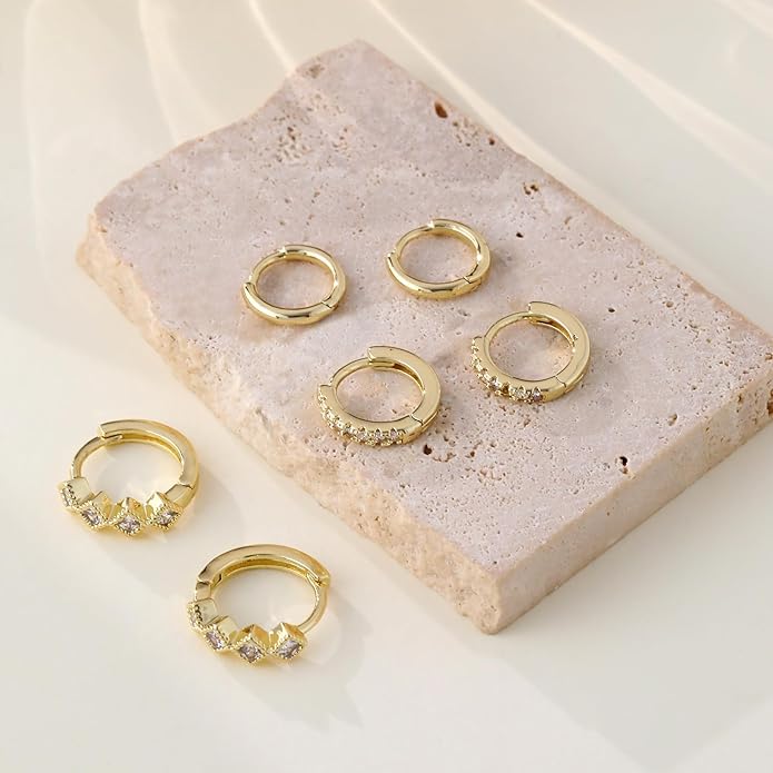 Gold Hoop Earrings Set for Women Trendy, 14K Gold Plated Chunky Hypoallergenic Small Diamond Cartilage Hoops Cute Cubic Zirconia Dangle Stud Earrings Jewelry Gifts
