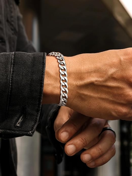 U7 Link Bracelets for Men, Cuban Link/Rope/Watch Band Solid Bracelet, Silver Black Gold Color Wrist Bracelet 3/6/9/12/15mm Width, 6.5/7.5/8.3 Inch Length, Hand Chain Jewelry for Mens Women